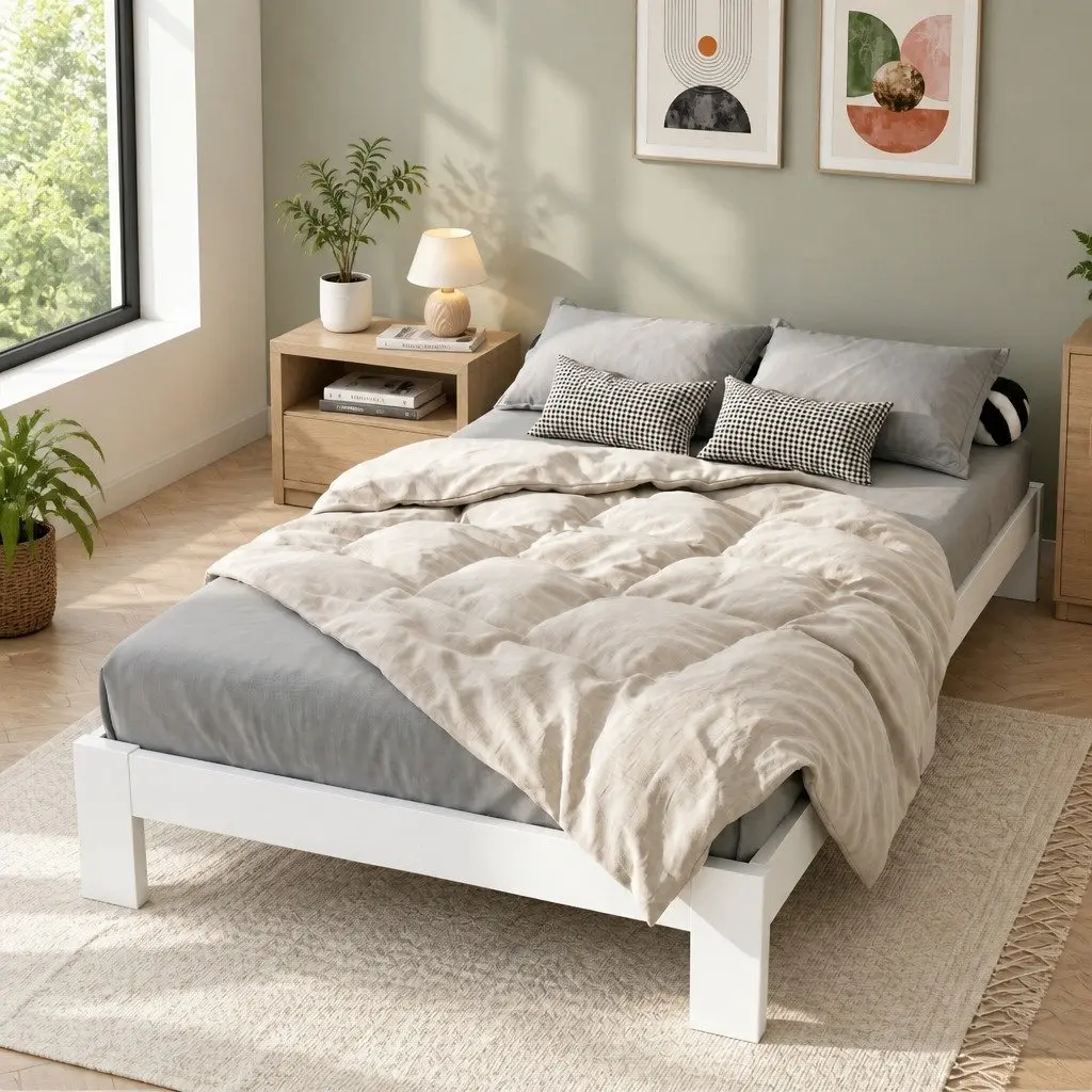 Double Bed Frame Pine Wood White 197cm x 145cm with Under Bed Storage