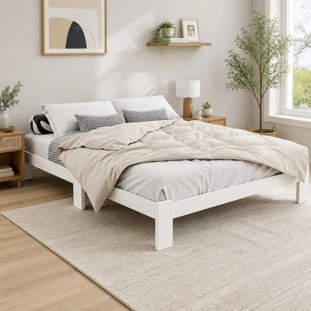 Double Bed Frame Pine Wood White 197cm x 145cm with Under Bed Storage