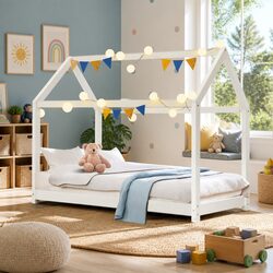 Durable Wooden Kids House Bed Frame in White