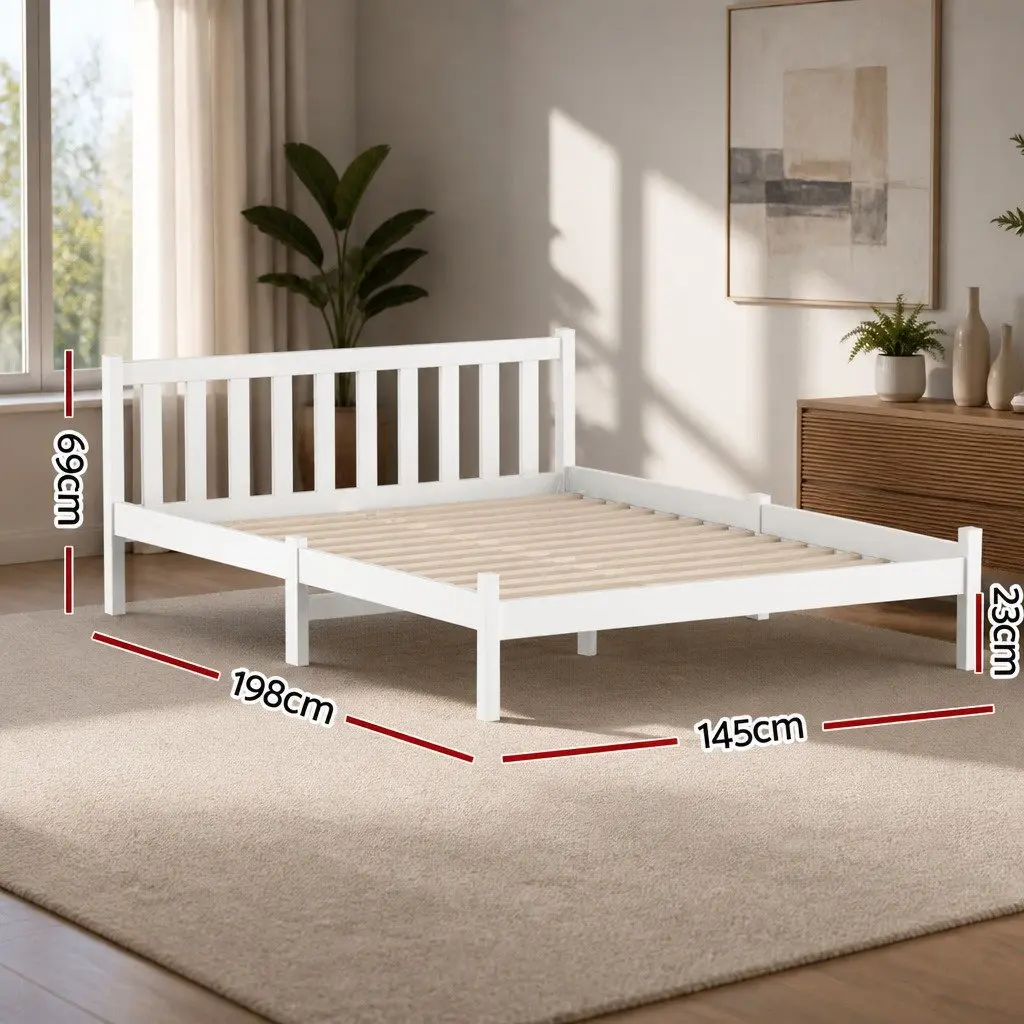 White Wooden Double Bed Frame with Headboard
