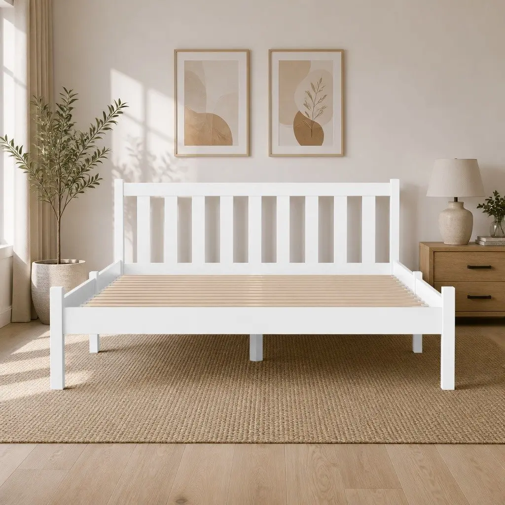 White Wooden Double Bed Frame with Headboard