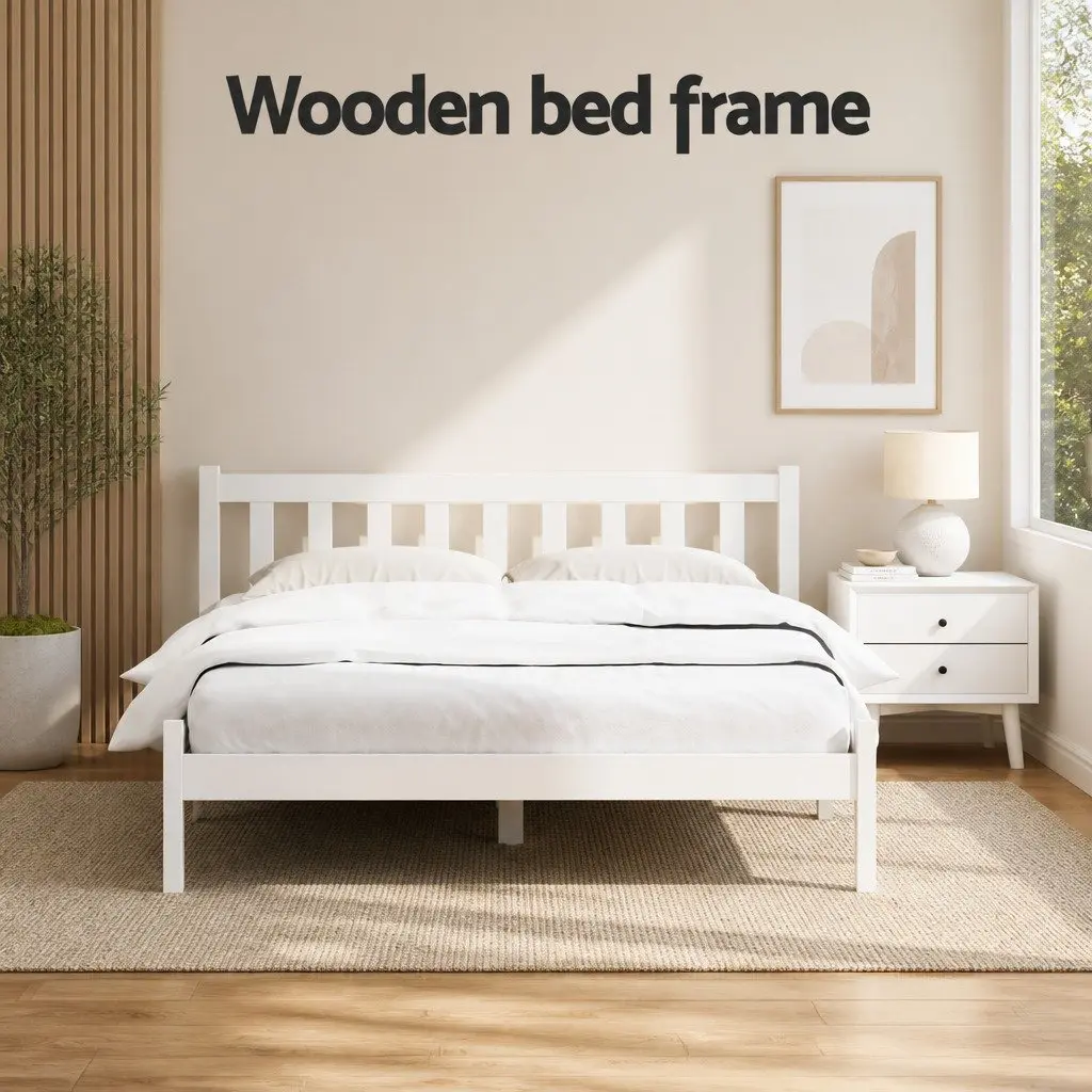 White Wooden Double Bed Frame with Headboard