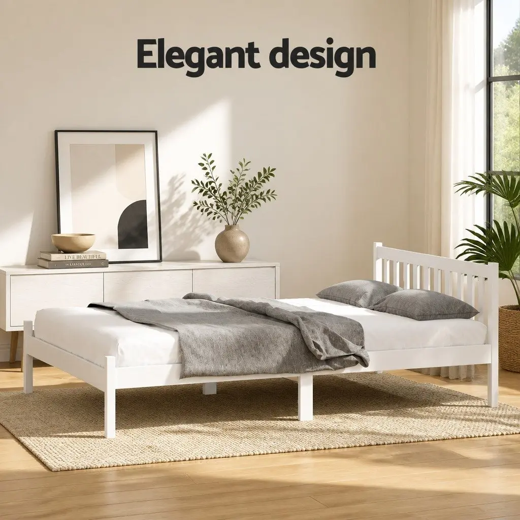 White Wooden Double Bed Frame with Headboard