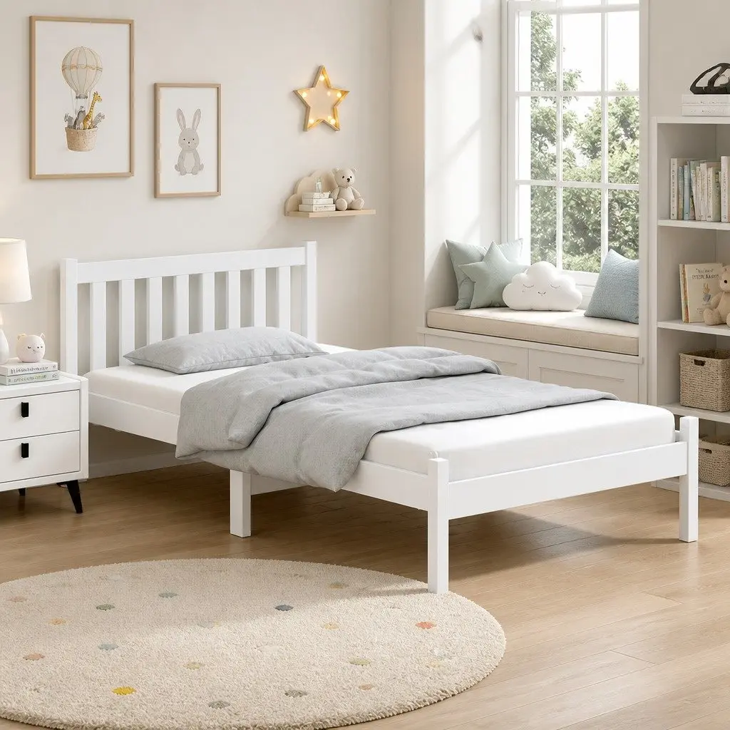 King Single Bed Frame with White Finish and Storage