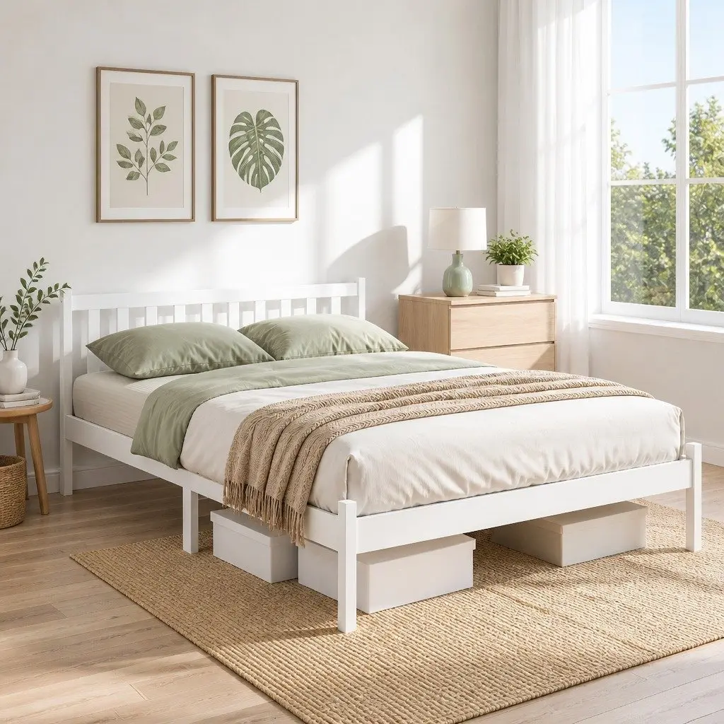 Queen Bed Frame White Pine Timber 212cm x 160cm