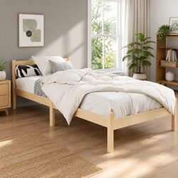 Wooden Pine Oak Single Bed Frame with Storage Headboard