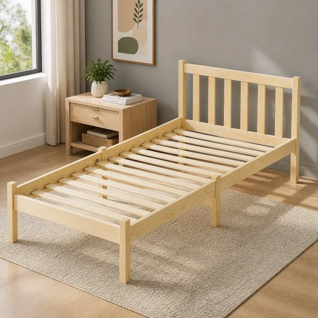 Wooden Pine Oak Single Bed Frame with Storage Headboard