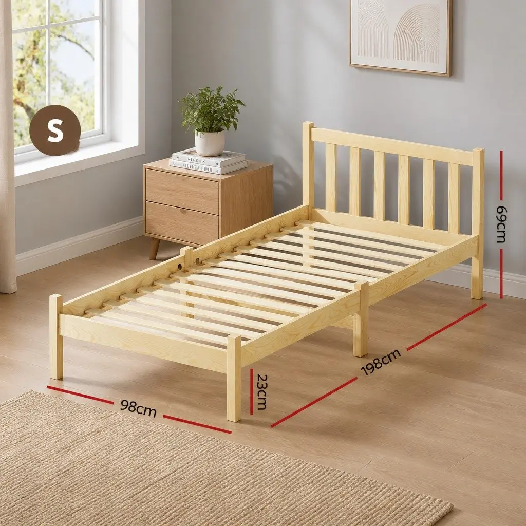 Wooden Pine Oak Single Bed Frame with Storage Headboard