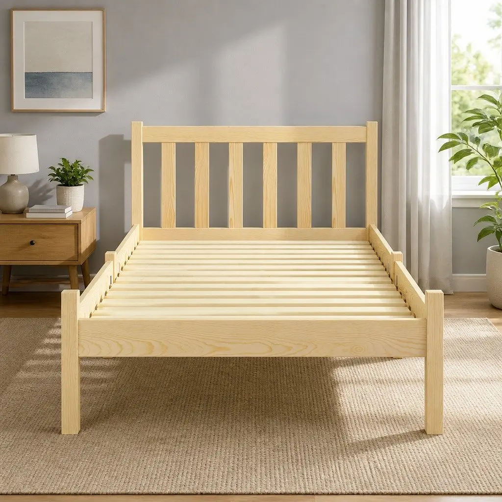 Wooden Pine Oak Single Bed Frame with Storage Headboard