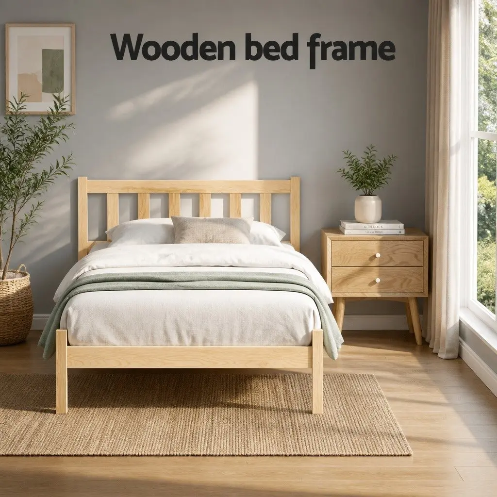 Wooden Pine Oak Single Bed Frame with Storage Headboard