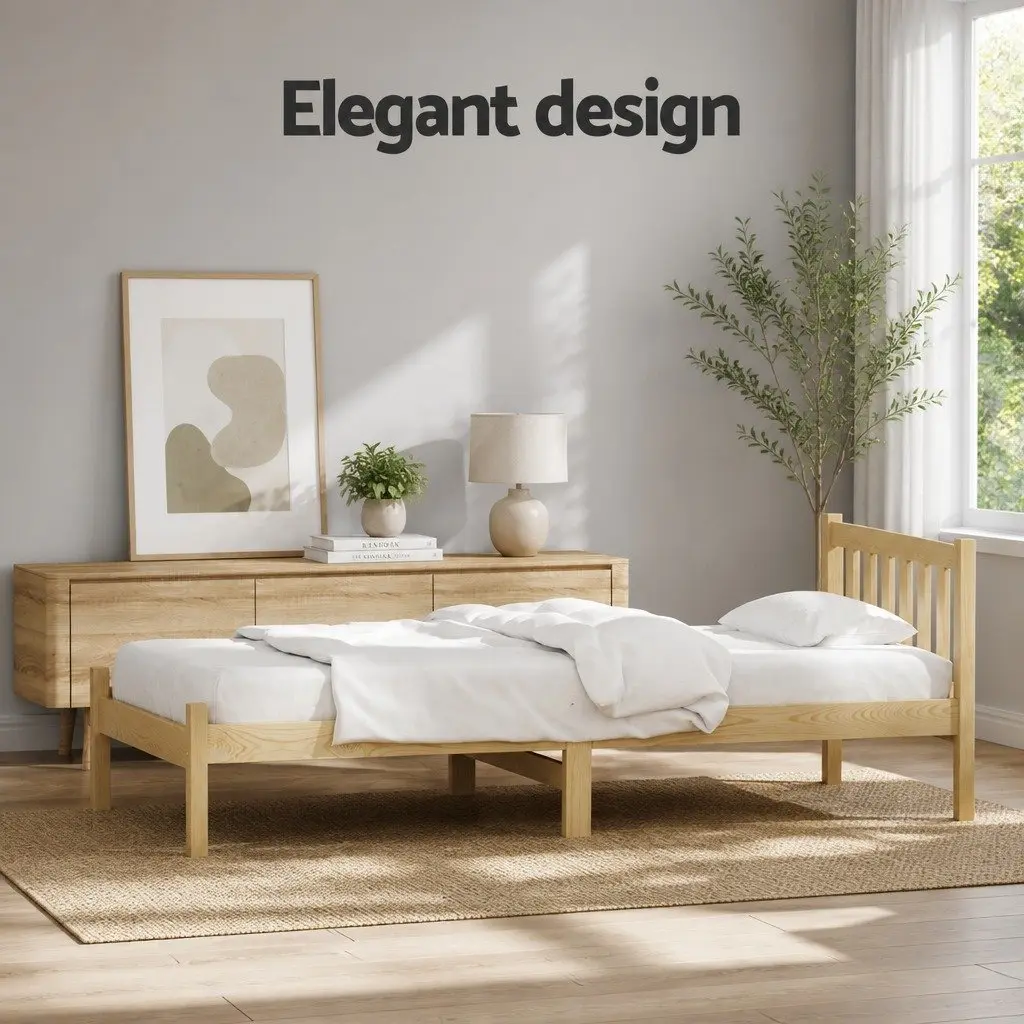 Wooden Pine Oak Single Bed Frame with Storage Headboard