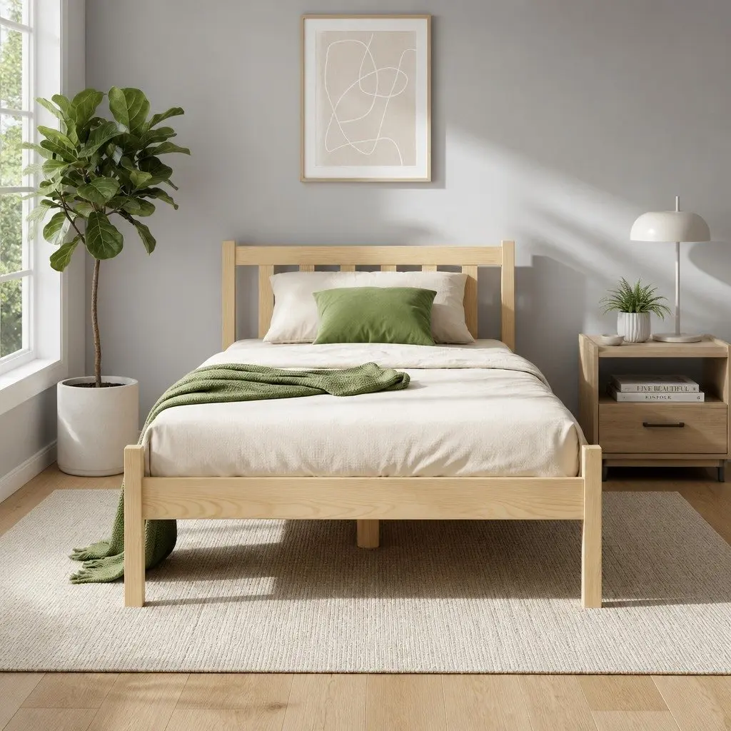 Wooden Pine Oak Single Bed Frame with Storage Headboard
