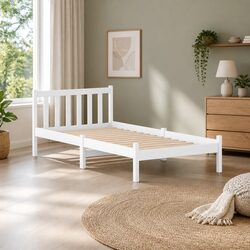 Durable White Wooden Single Bed Frame with Headboard