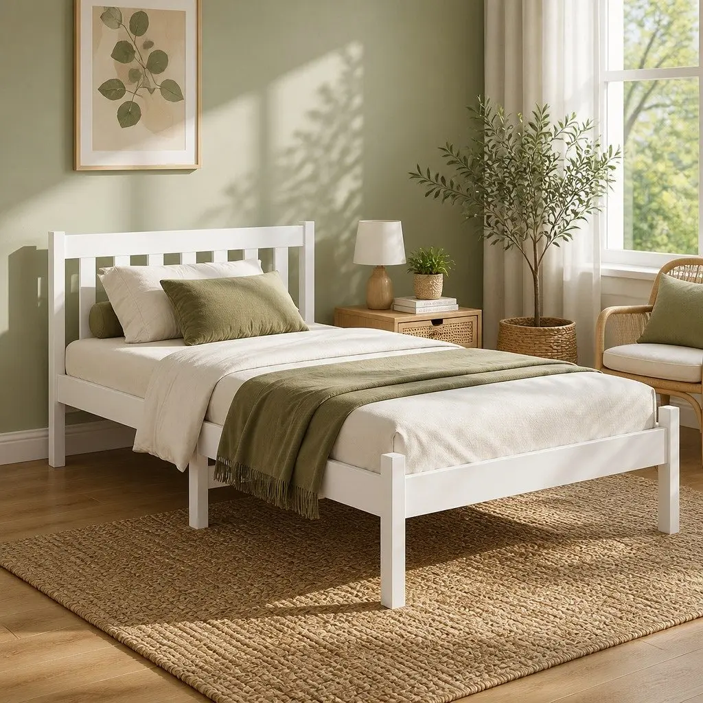 White Wooden Single Bed Frame with Headboard