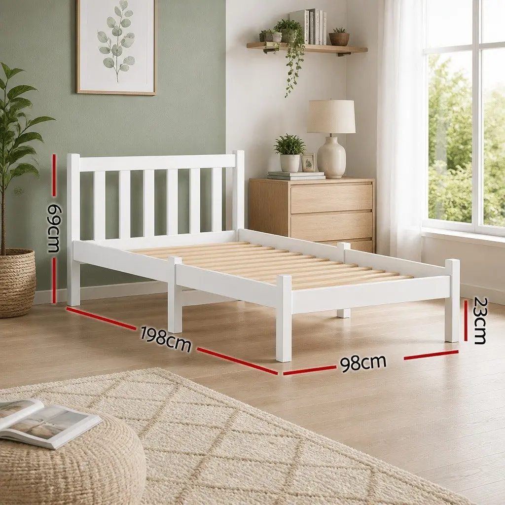 White Wooden Single Bed Frame with Headboard
