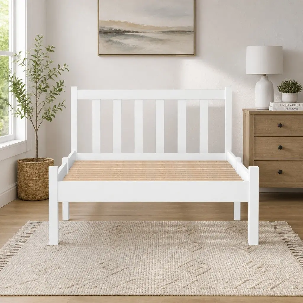 White Wooden Single Bed Frame with Headboard