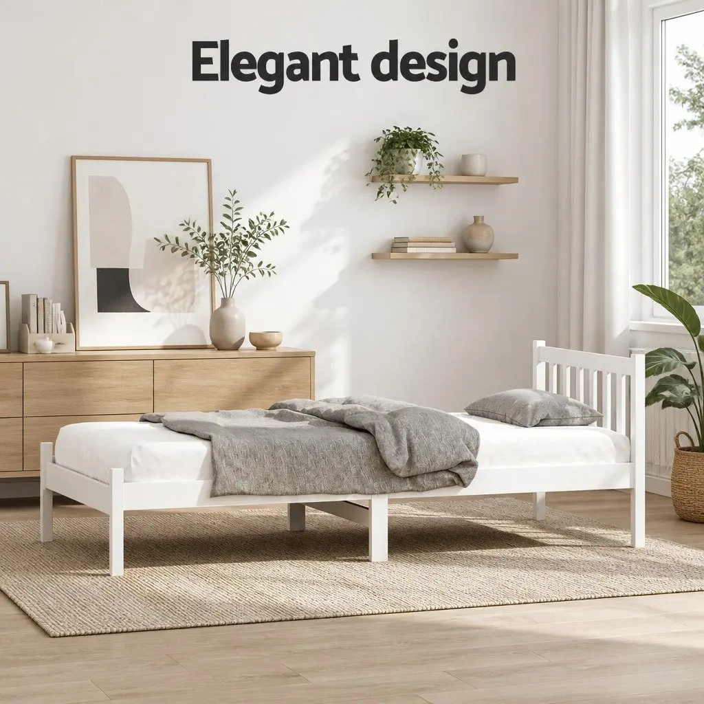 White Wooden Single Bed Frame with Headboard