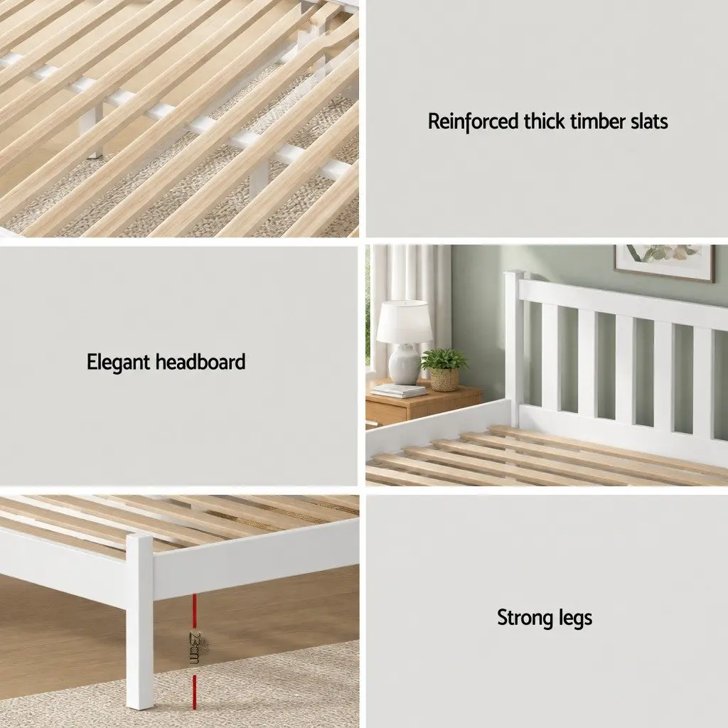 White Wooden Single Bed Frame with Headboard
