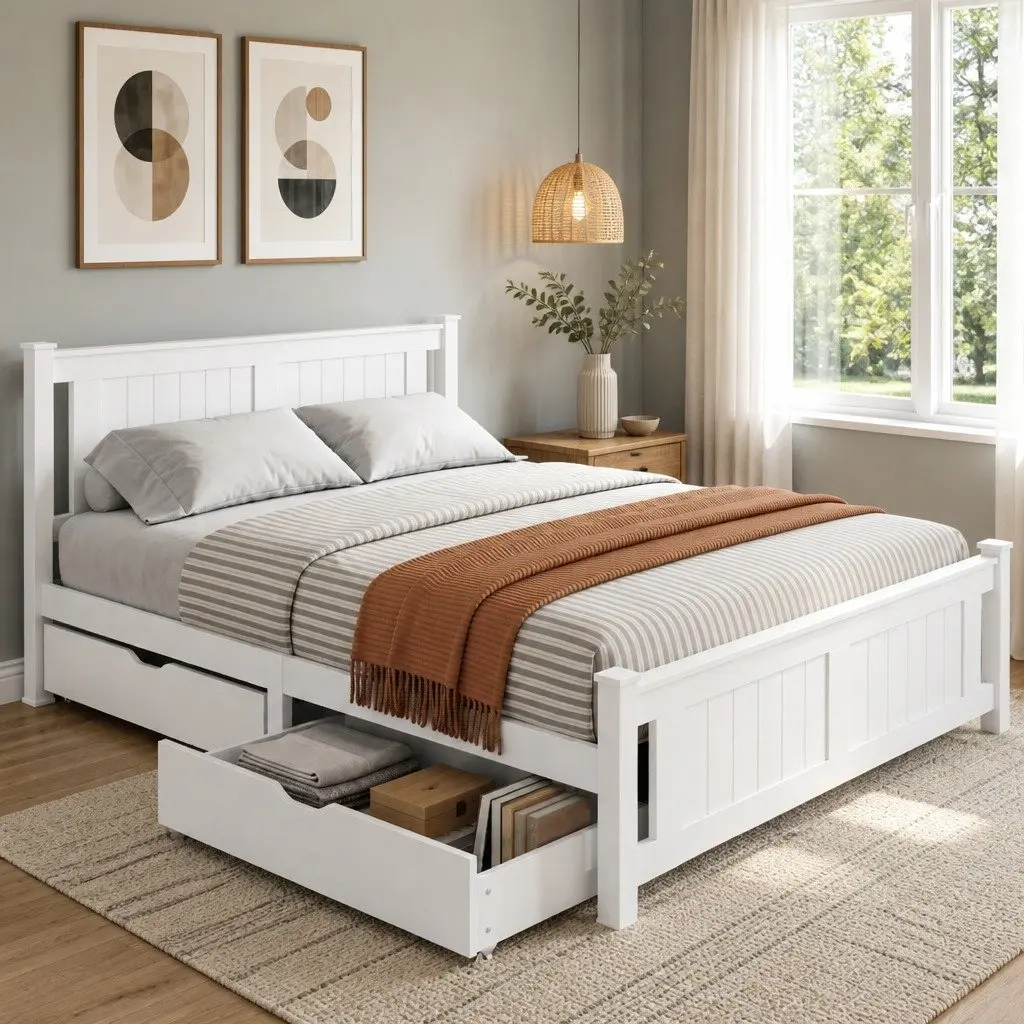 Wooden Double Bed Frame with Storage Drawers in White