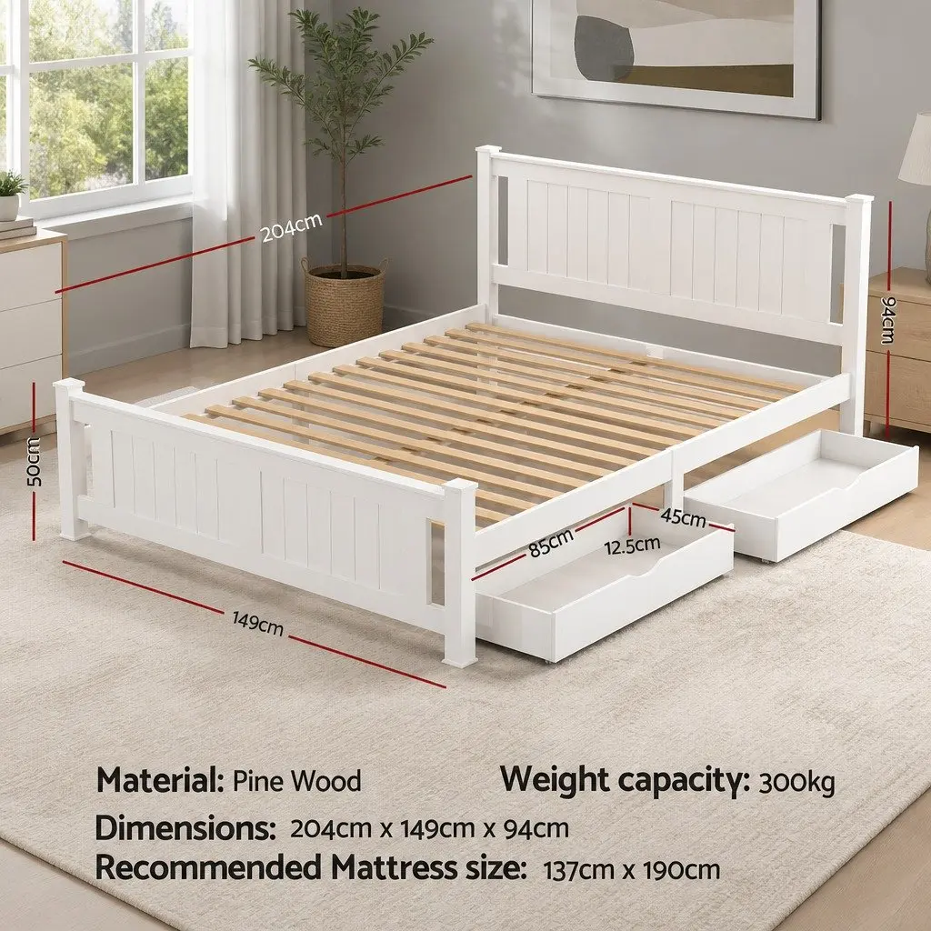 Wooden Double Bed Frame with Storage Drawers in White