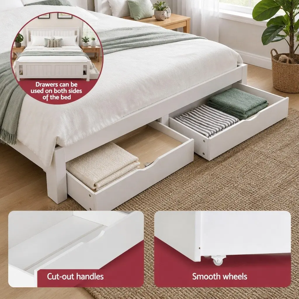 Wooden Double Bed Frame with Storage Drawers in White