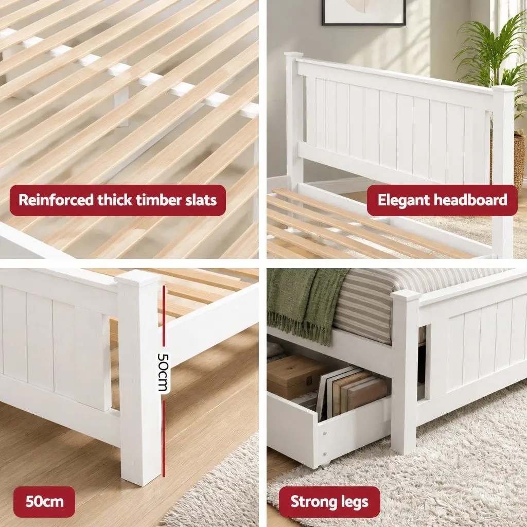 Wooden Double Bed Frame with Storage Drawers in White