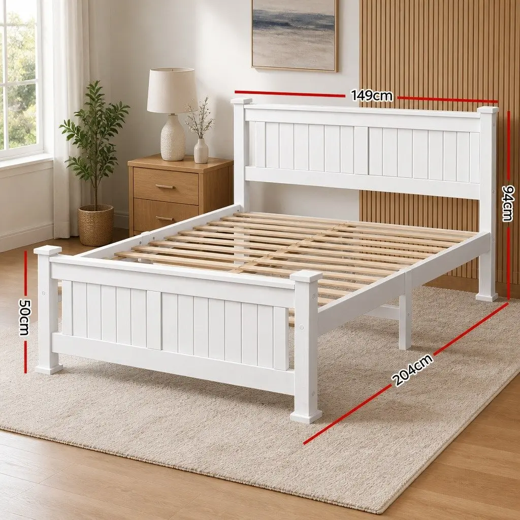 Double Bed Frame Wooden White Slat Base Heavy-Duty Steel Fixings Bedroom