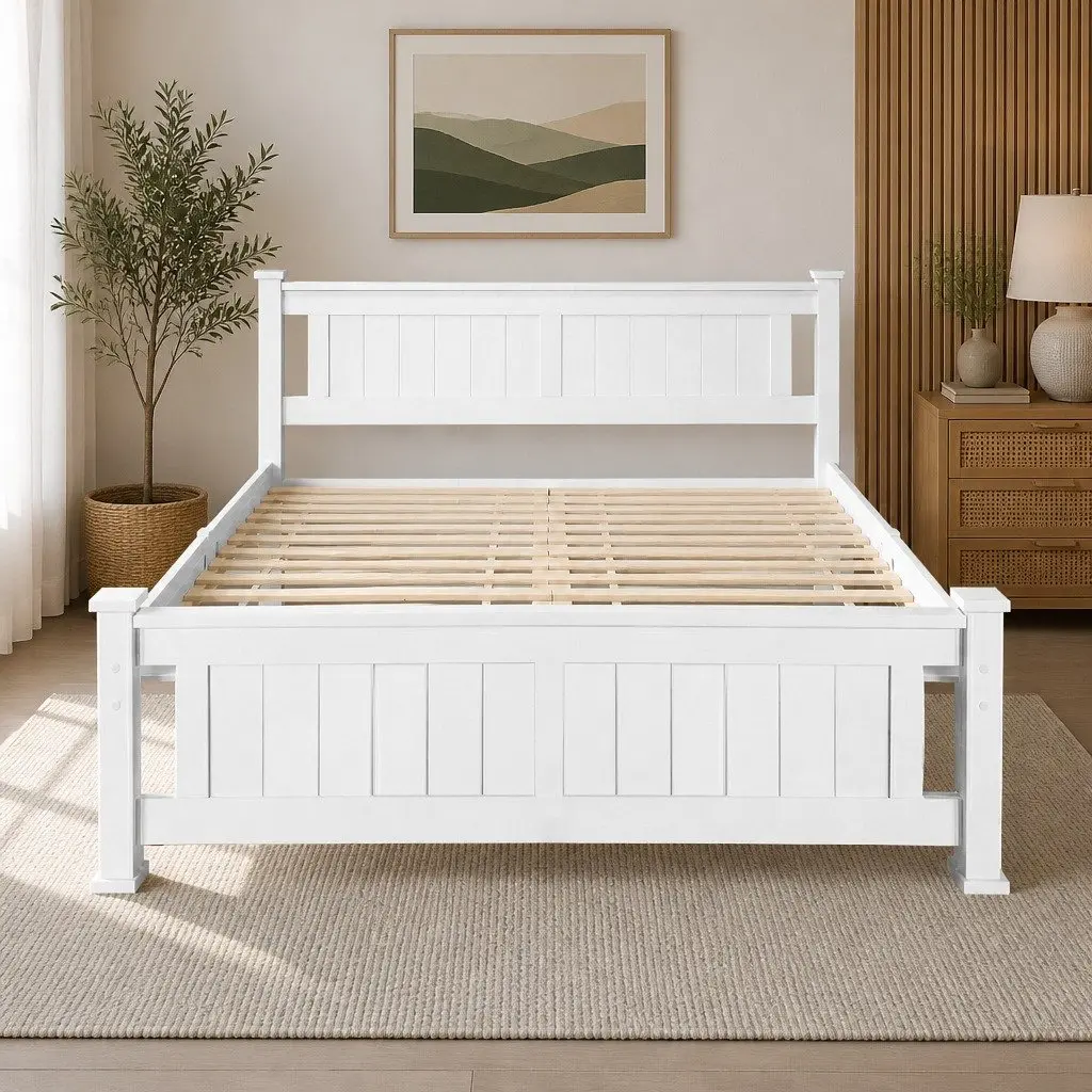 Double Bed Frame Wooden White Slat Base Heavy-Duty Steel Fixings Bedroom
