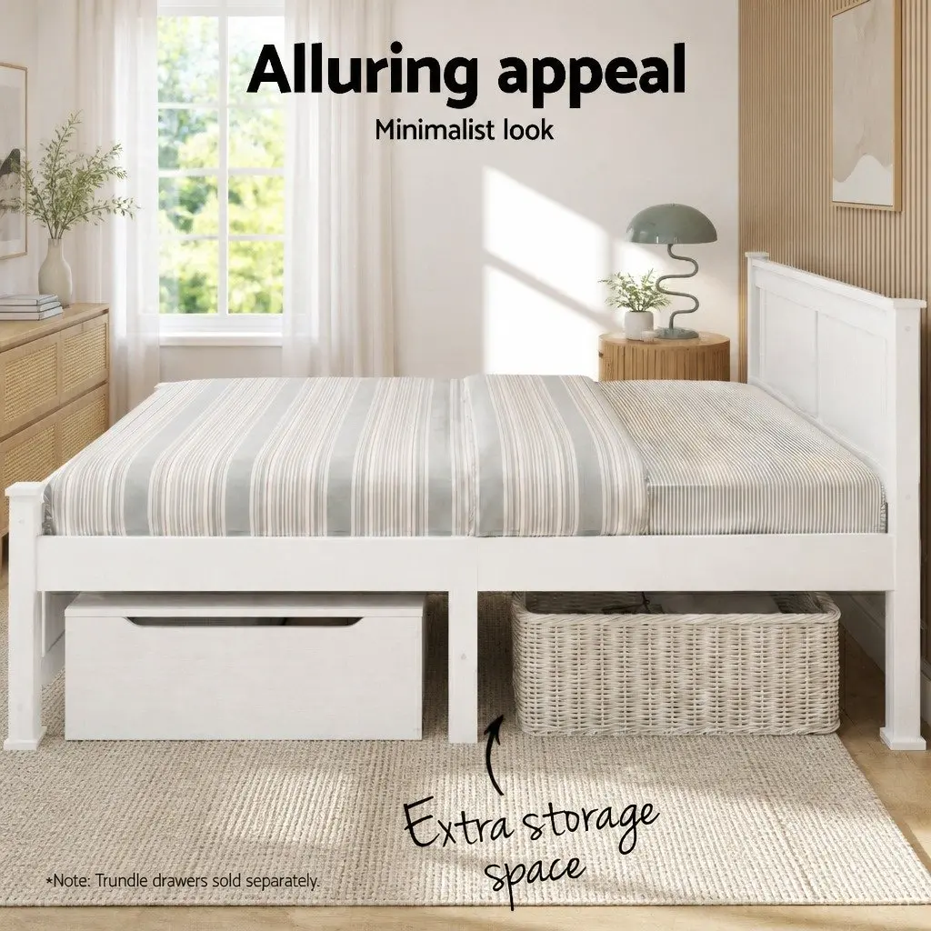 Double Bed Frame Wooden White Slat Base Heavy-Duty Steel Fixings Bedroom