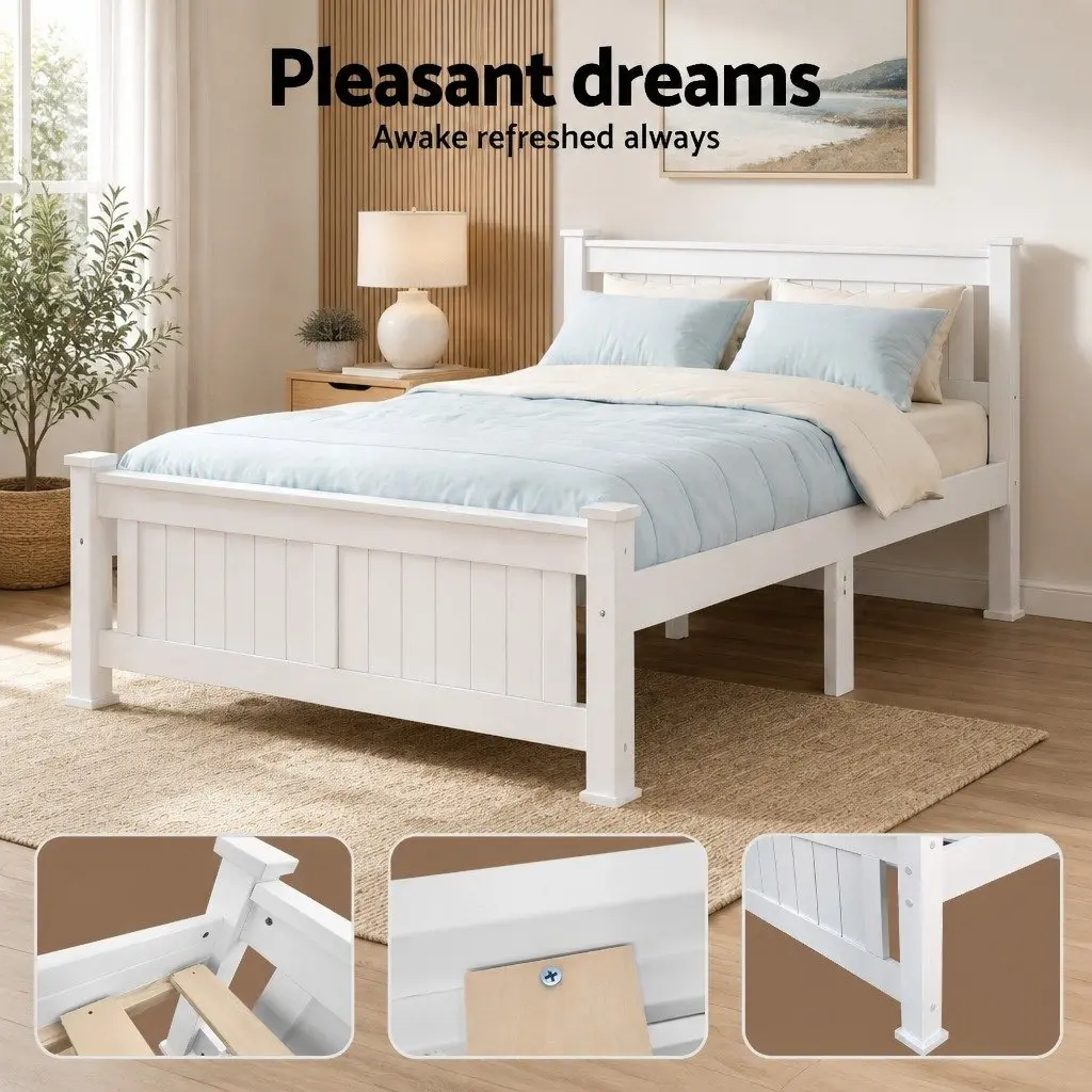 Double Bed Frame Wooden White Slat Base Heavy-Duty Steel Fixings Bedroom