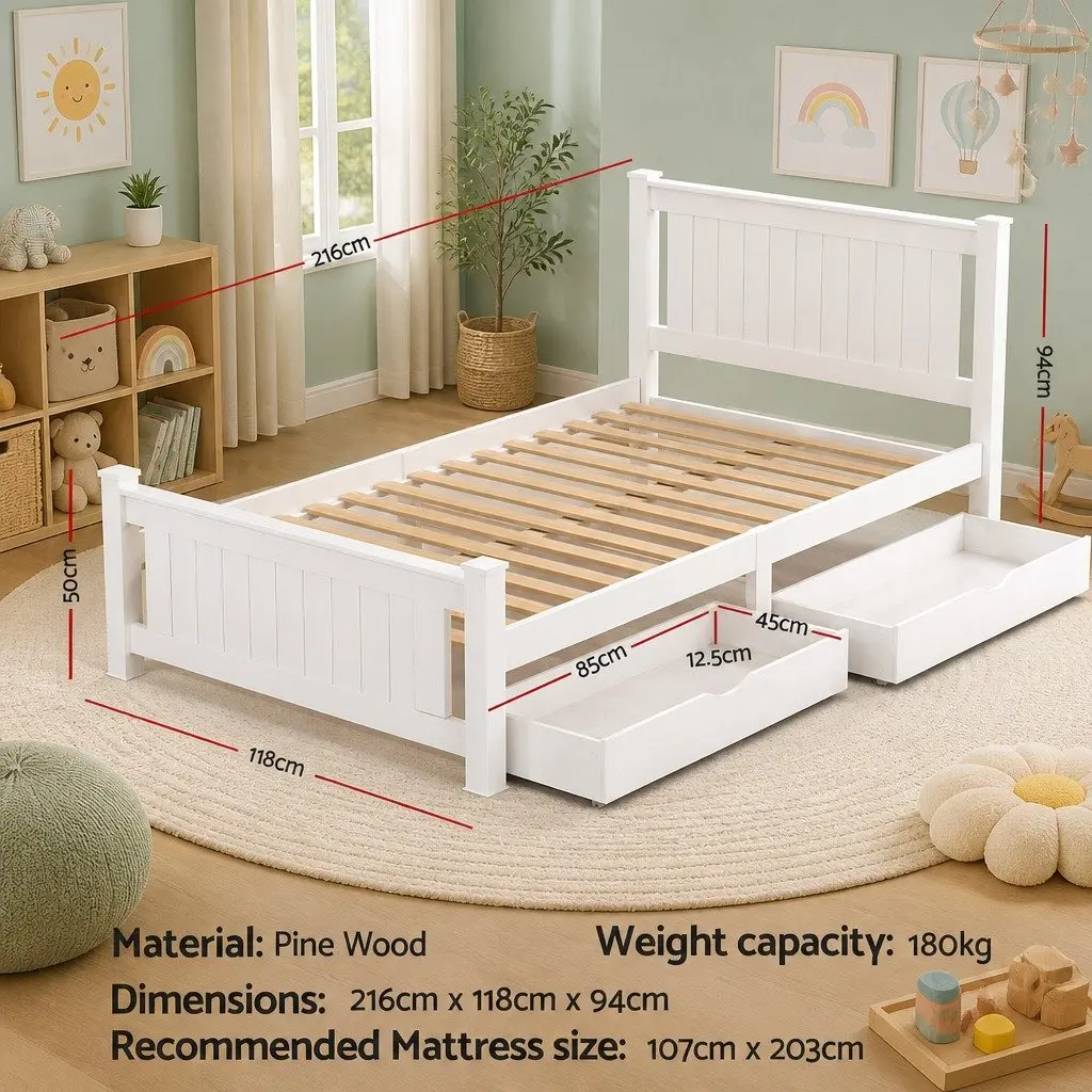 Wooden Bed Frame Pine Wood King Single Size Platform with 2 Storage Drawers White