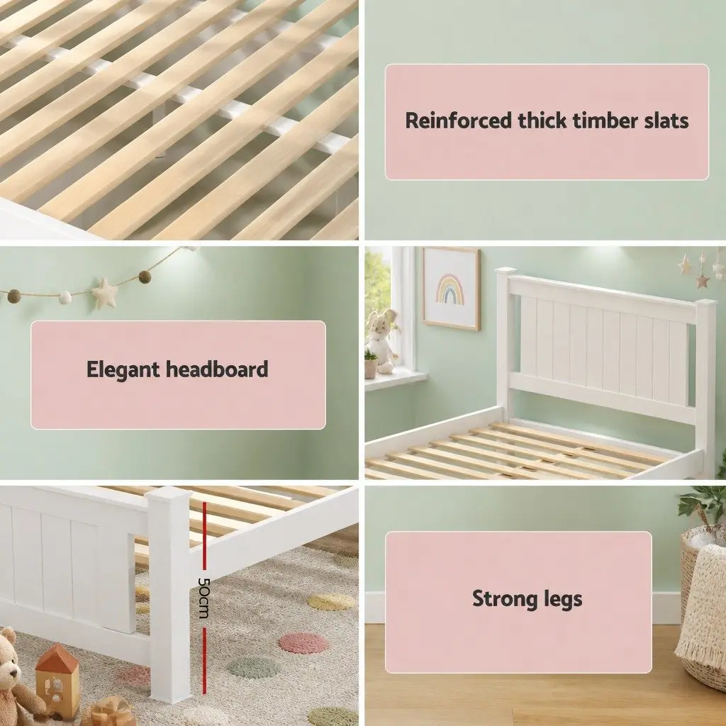 Wooden Bed Frame Pine Wood King Single Size Platform with 2 Storage Drawers White