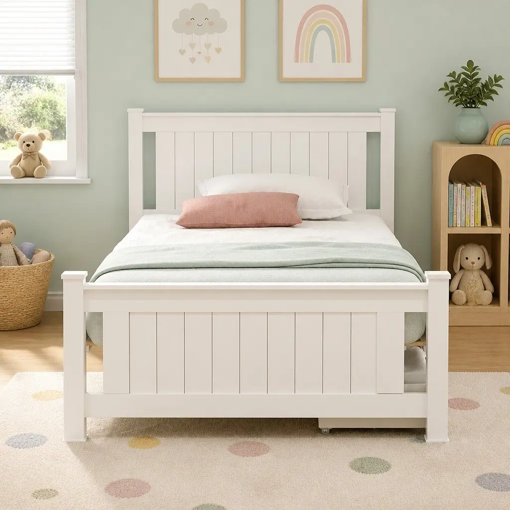 Wooden Bed Frame Pine Wood King Single Size Platform with 2 Storage Drawers White