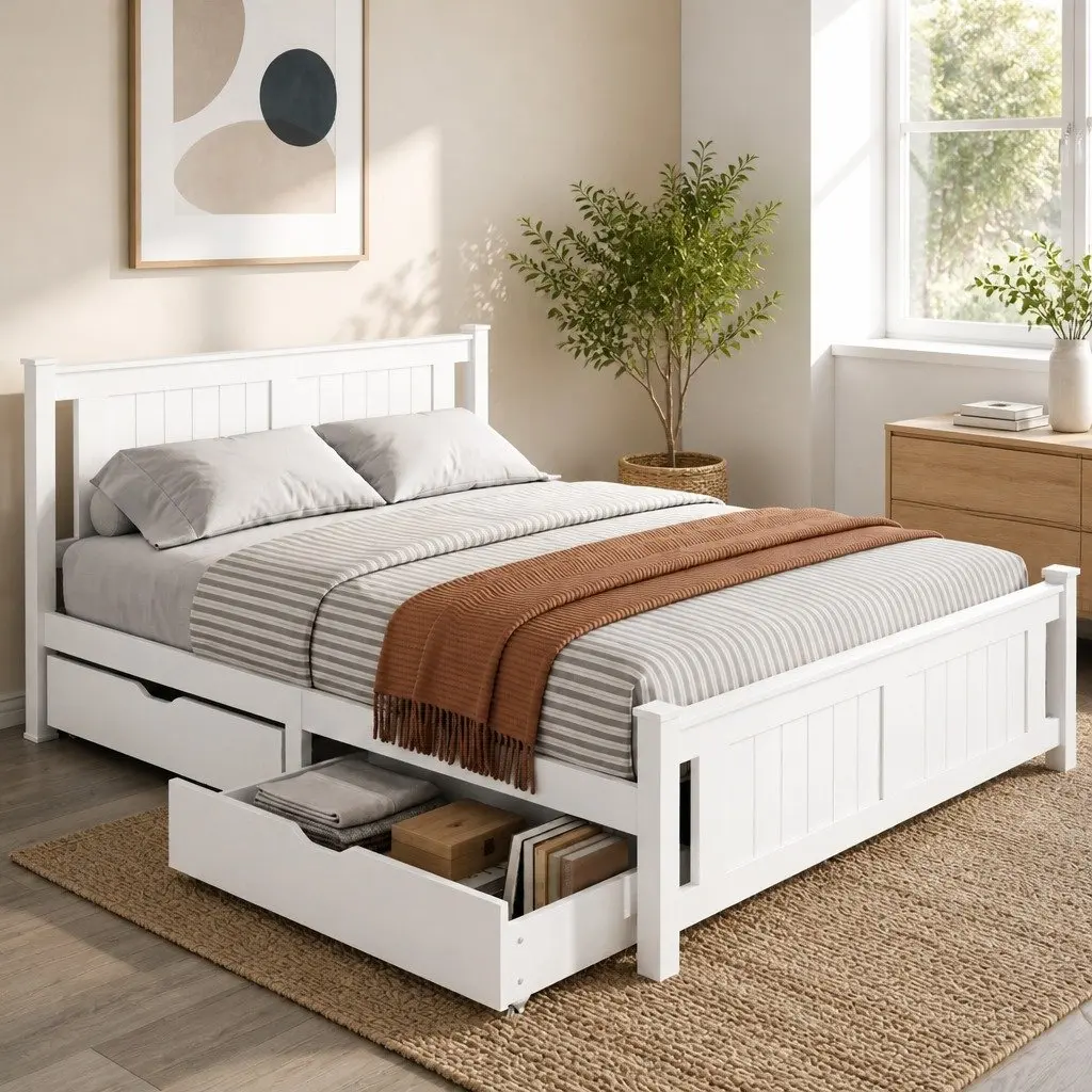 Wooden Platform Bed Frame with Storage Drawers in White