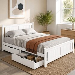 Wooden Platform Bed Frame with Storage Drawers in White