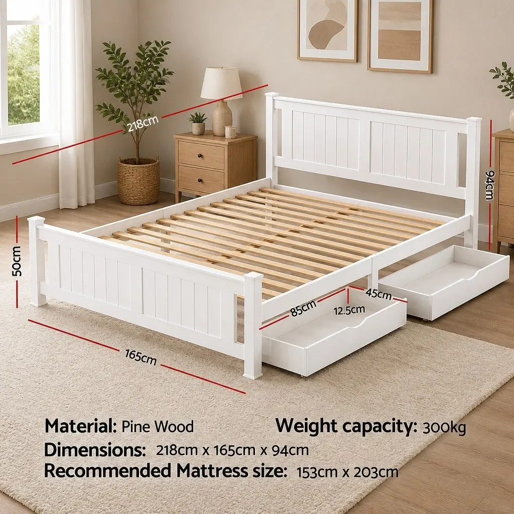 Wooden Platform Bed Frame with Storage Drawers in White