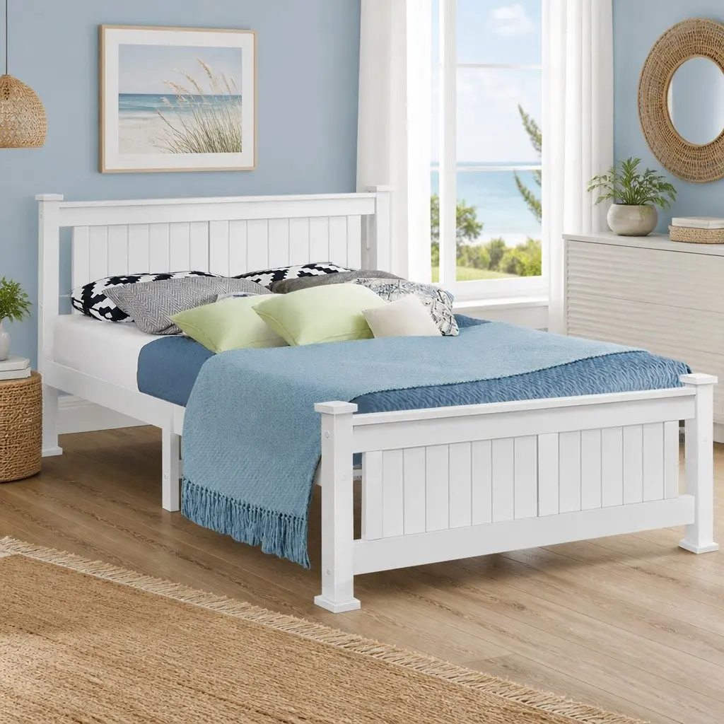 White Queen Size Wooden Bed Frame with Slat Base