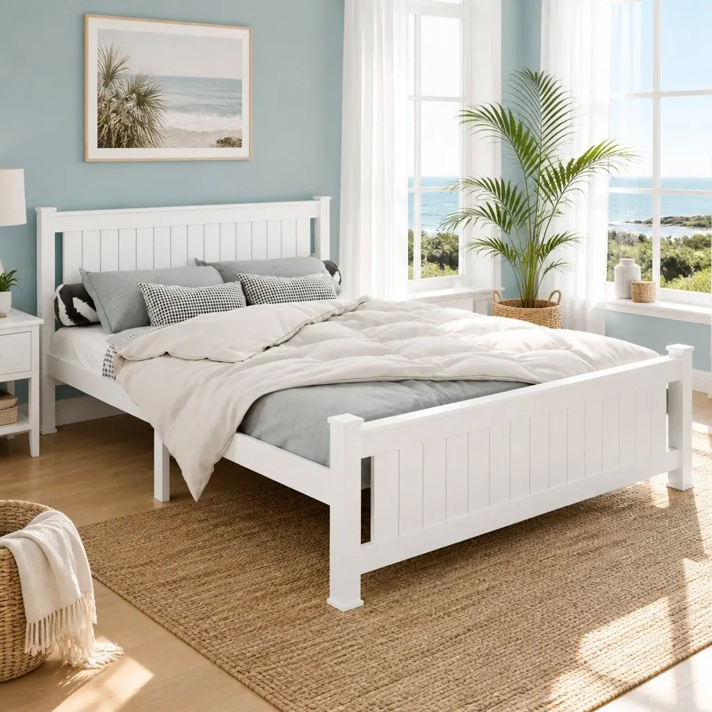 White Queen Size Wooden Bed Frame with Slat Base