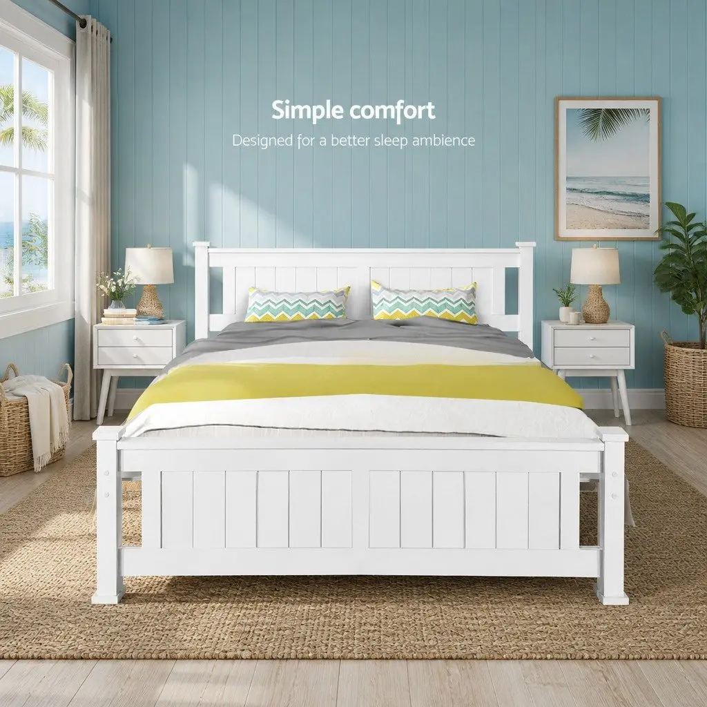 White Queen Size Wooden Bed Frame with Slat Base
