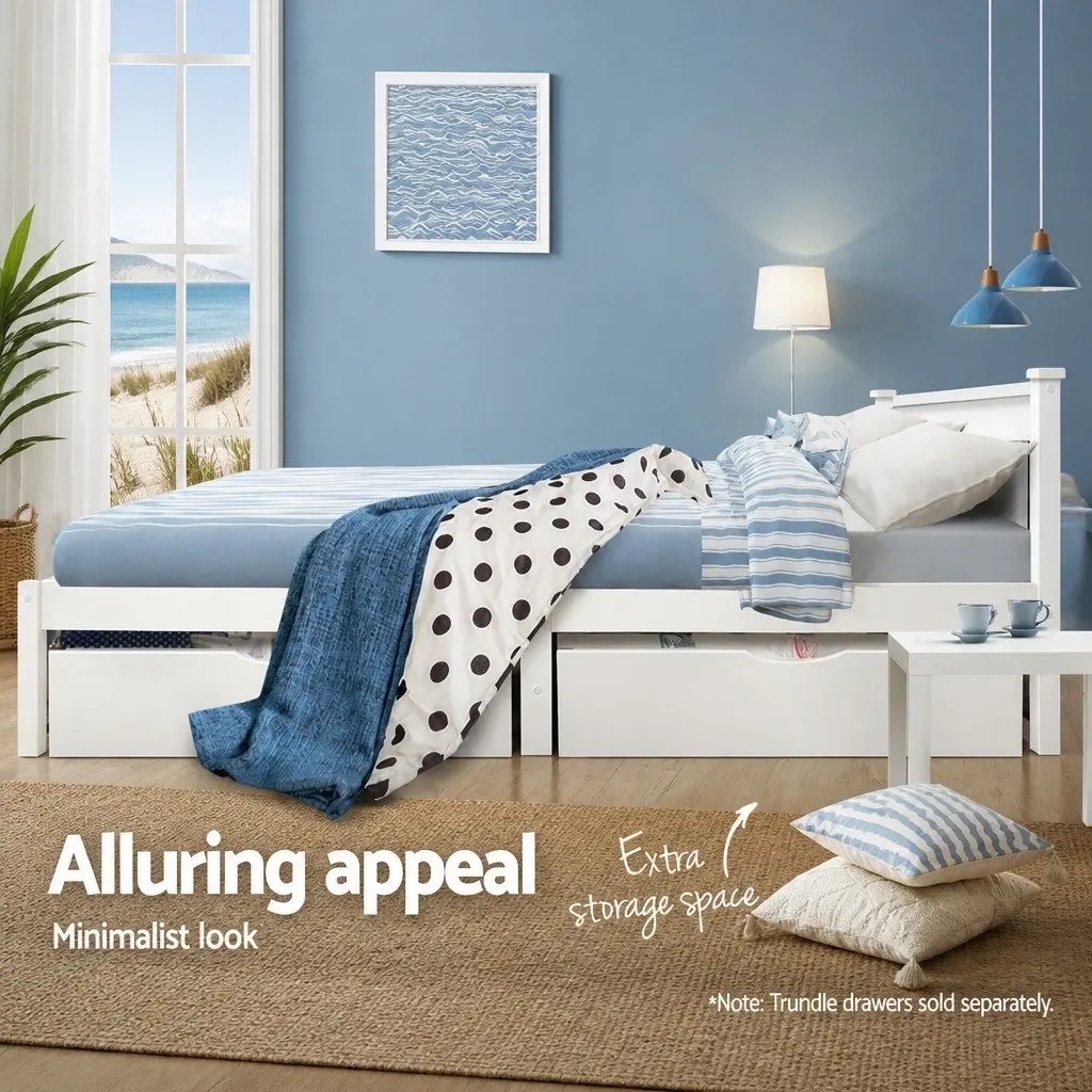 White Queen Size Wooden Bed Frame with Slat Base