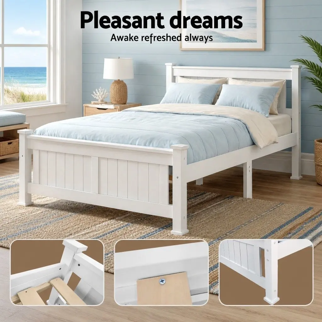 White Queen Size Wooden Bed Frame with Slat Base