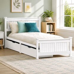 Wooden Single Bed Frame with 2 Storage Drawers - White