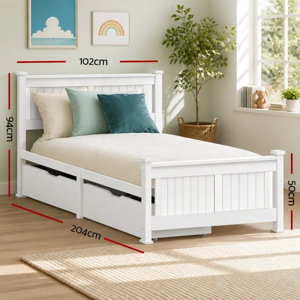 Single Bed Frame Wooden with 2 Storage Drawers White Slat Base Kids Adult