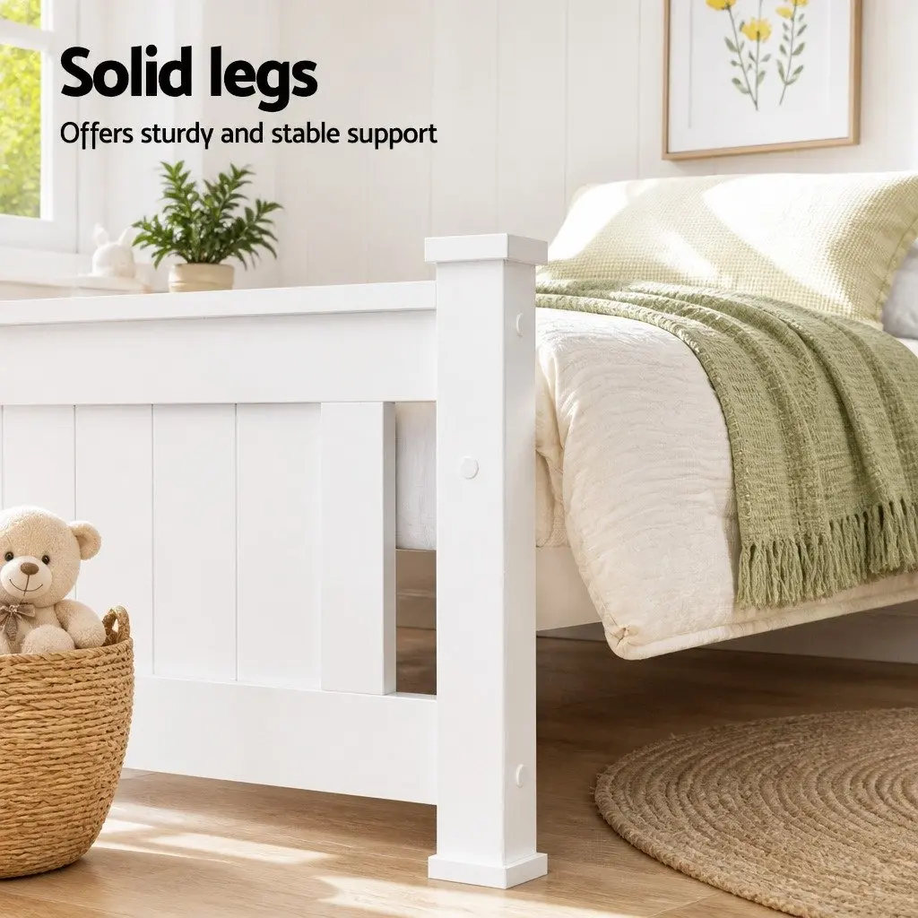Single Bed Frame Wooden with 2 Storage Drawers White Slat Base Kids Adult