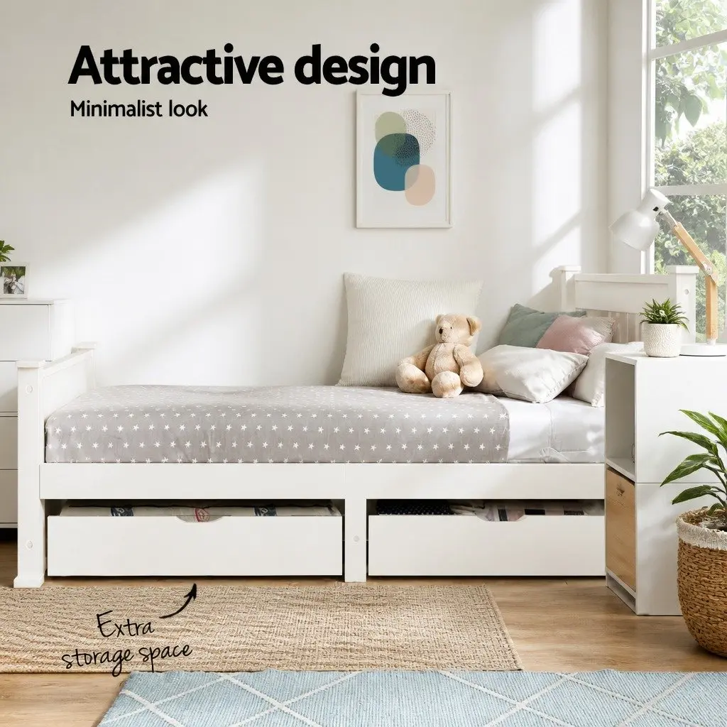 Single Bed Frame Wooden with 2 Storage Drawers White Slat Base Kids Adult