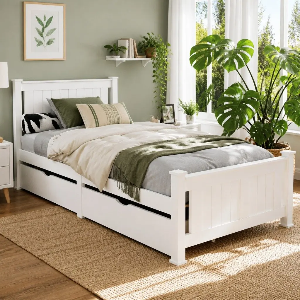 Single Bed Frame Wooden with 2 Storage Drawers White Slat Base Kids Adult