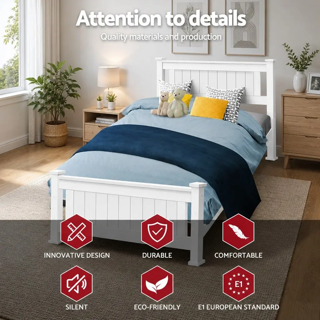 Single Bed Frame White Wooden Pine Timber Bedroom Furniture with Headboard