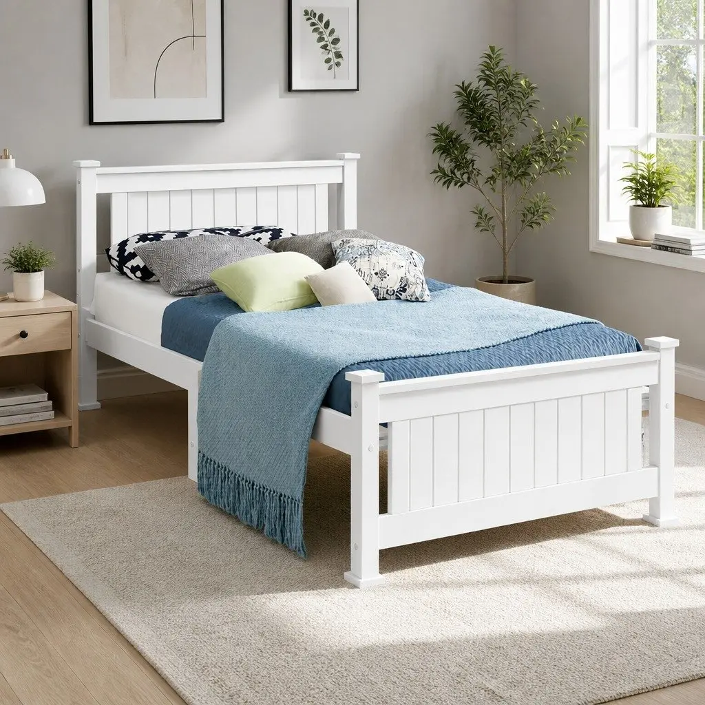 Single Bed Frame White Wooden Pine Timber Bedroom Furniture with Headboard