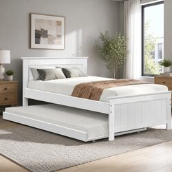 King Single Wooden Trundle Daybed White Pull-Out Guest Bed Frame Solid Pine
