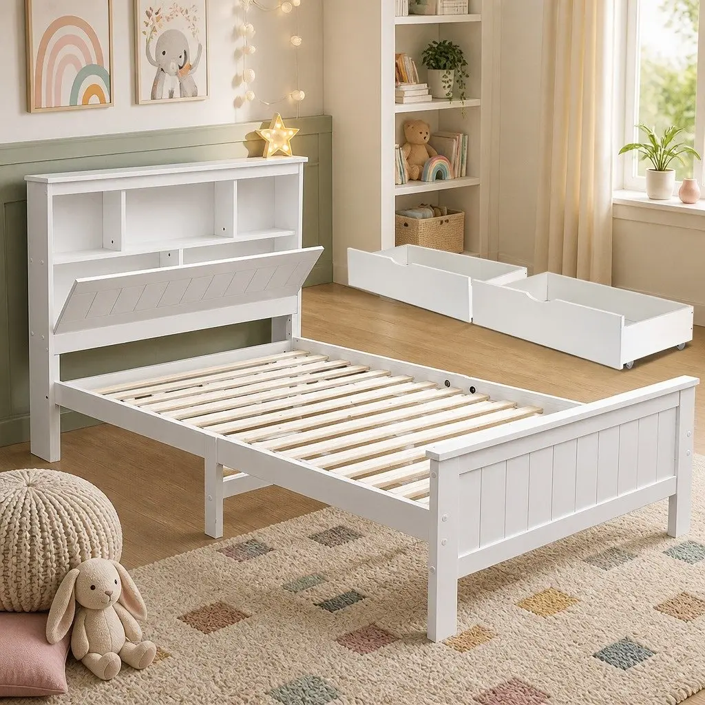 Wooden King Single Bed Frame with Storage Drawers